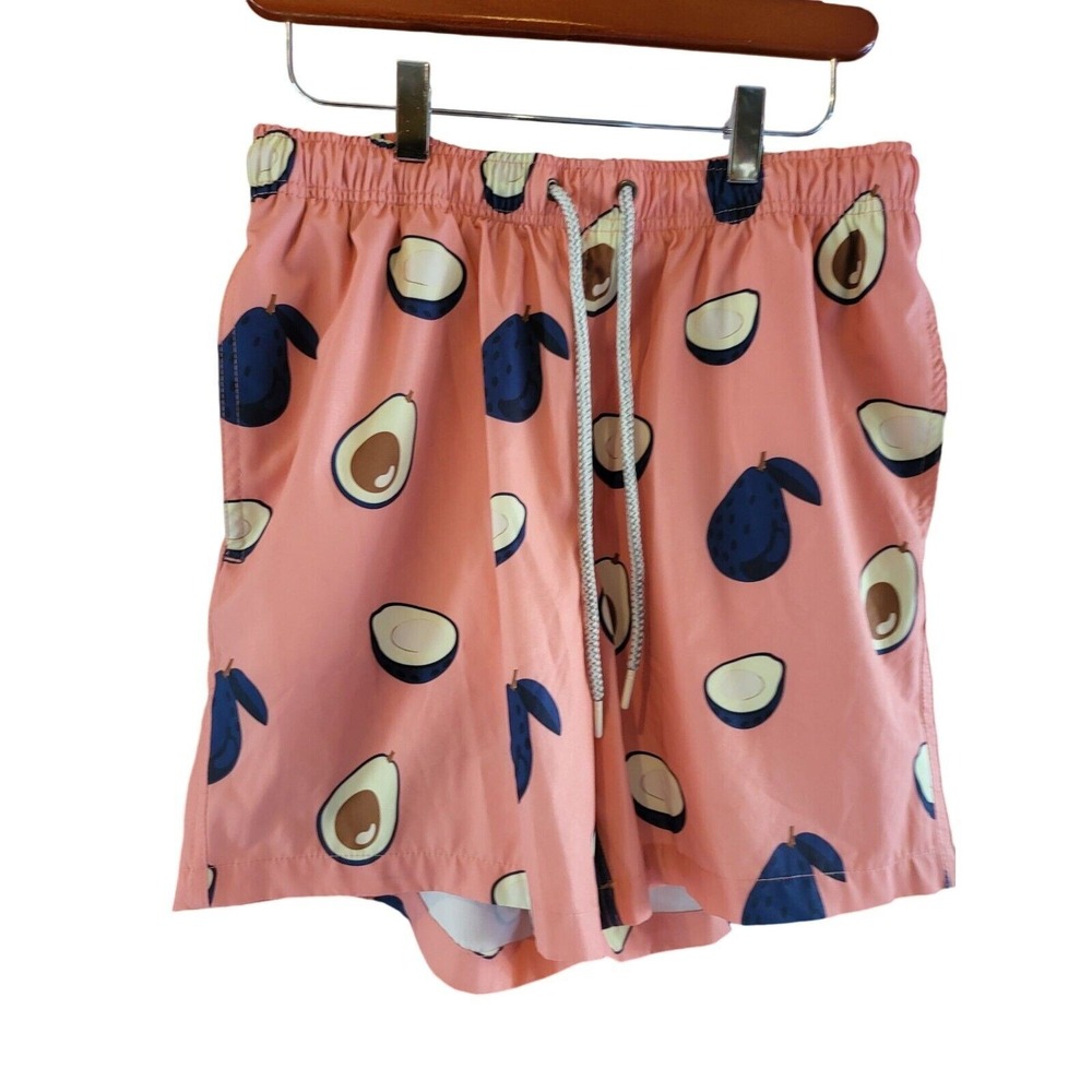 Rainforest Mens Swim Trunks‎ M Avocado Print Mesh Lined Pockets Pink